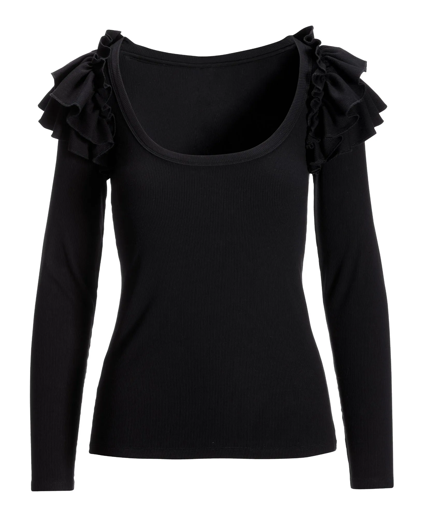 So Essential Ruffle Ribbed Long Sleeve Top Proper Black sold by Boston Proper product image thumbnail 2