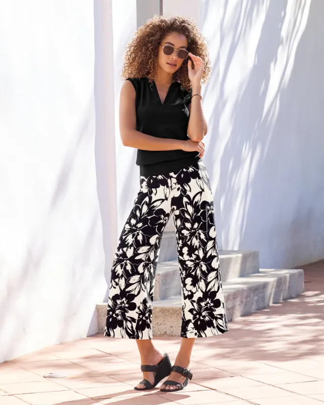 Beyond Travel Contrast Fleurs Print Wide Leg Crop Pant Ivory Coast/Jet Black sold by Boston Proper