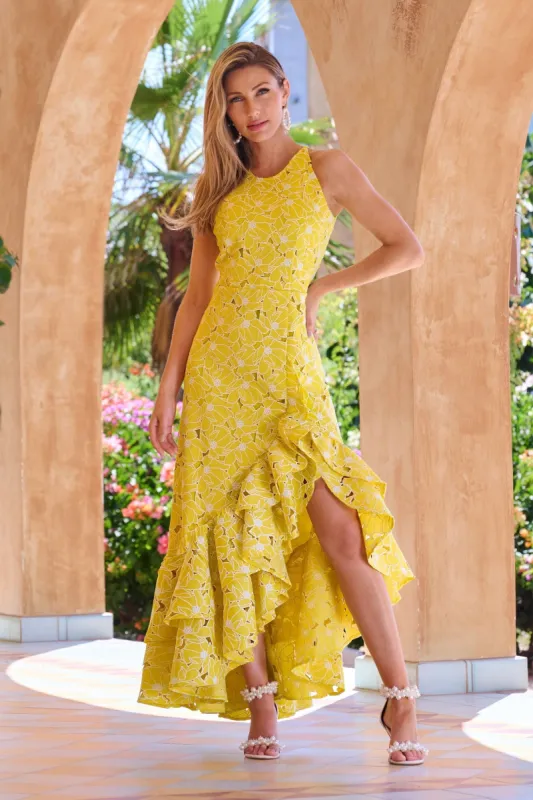 High-Neck Lace Ruffle Gown Yellow sold by Boston Proper