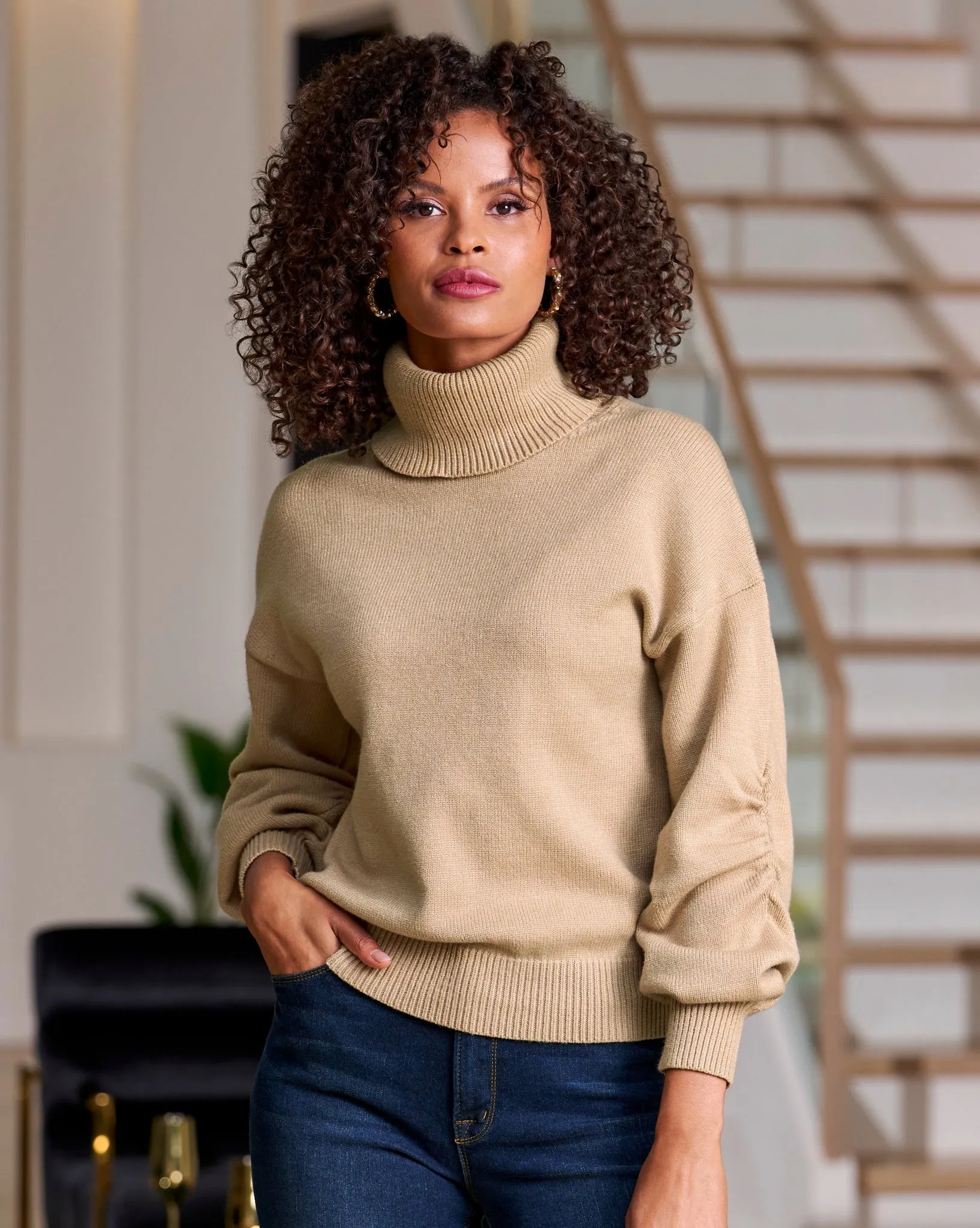 Ruched Sleeve Turtleneck Sweater Sesame sold by Boston Proper
