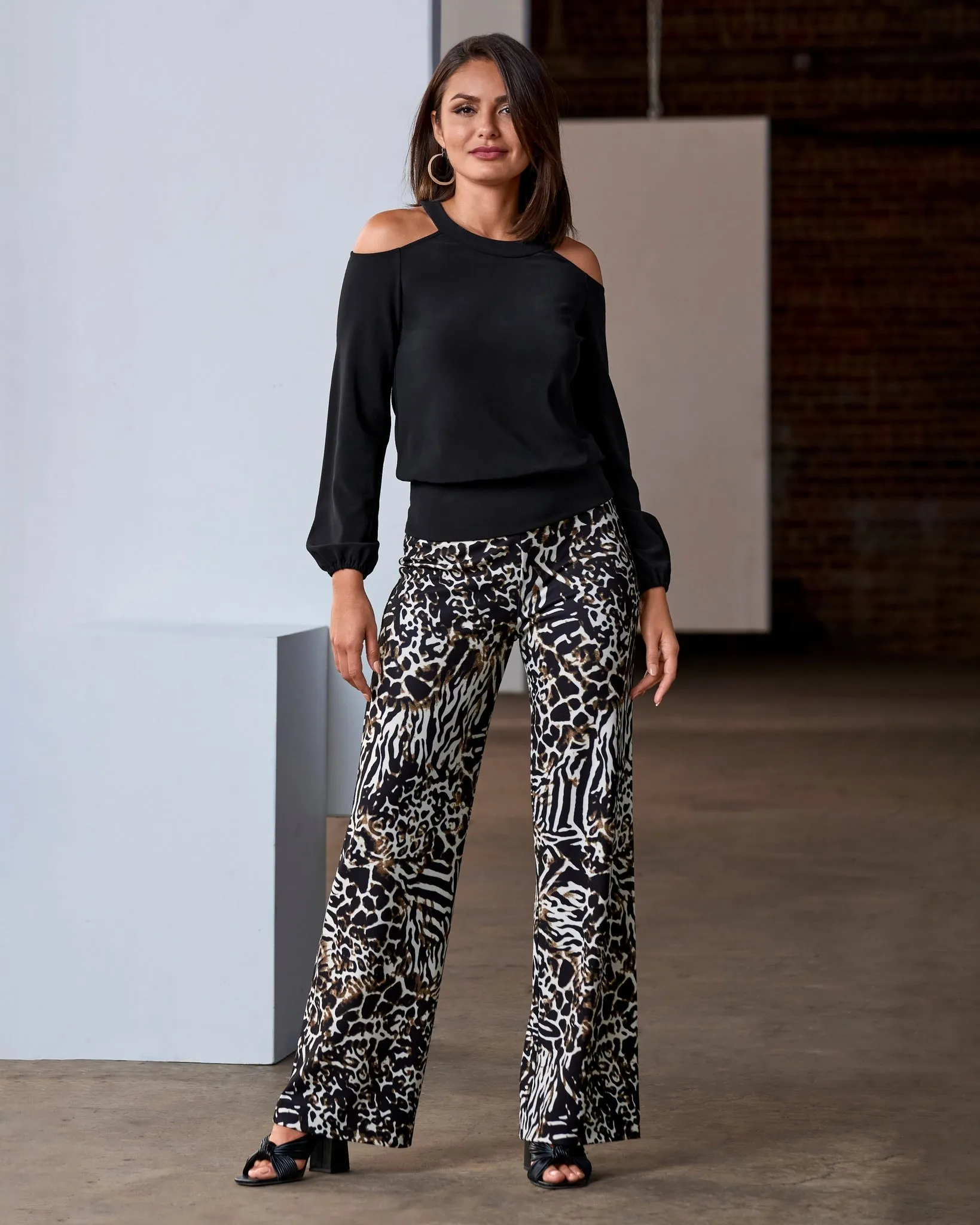 Beyond Travel Jungle Mix Print Palazzo Pant Black Multi sold by Boston Proper