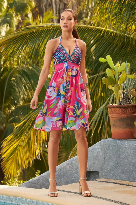 Tropical Forest Halter Embellished Printed Dress Pink sold by Boston Proper