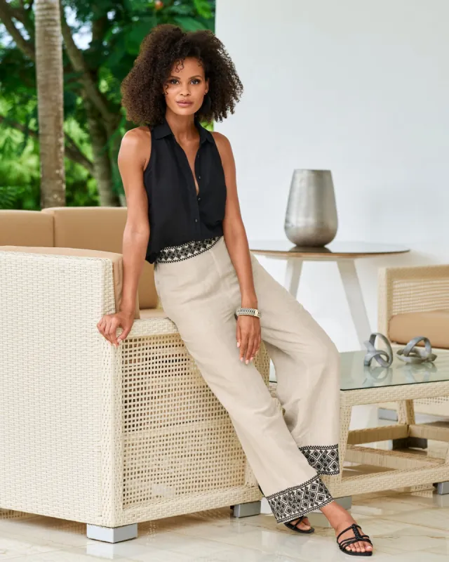 Malibu Embroidered Linen Pull On Crop Pant Flax/Black sold by Boston Proper