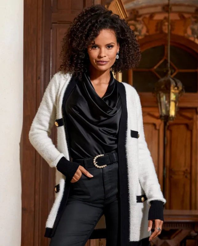 Plush Colorblock Cardigan Off White/Black sold by Boston Proper