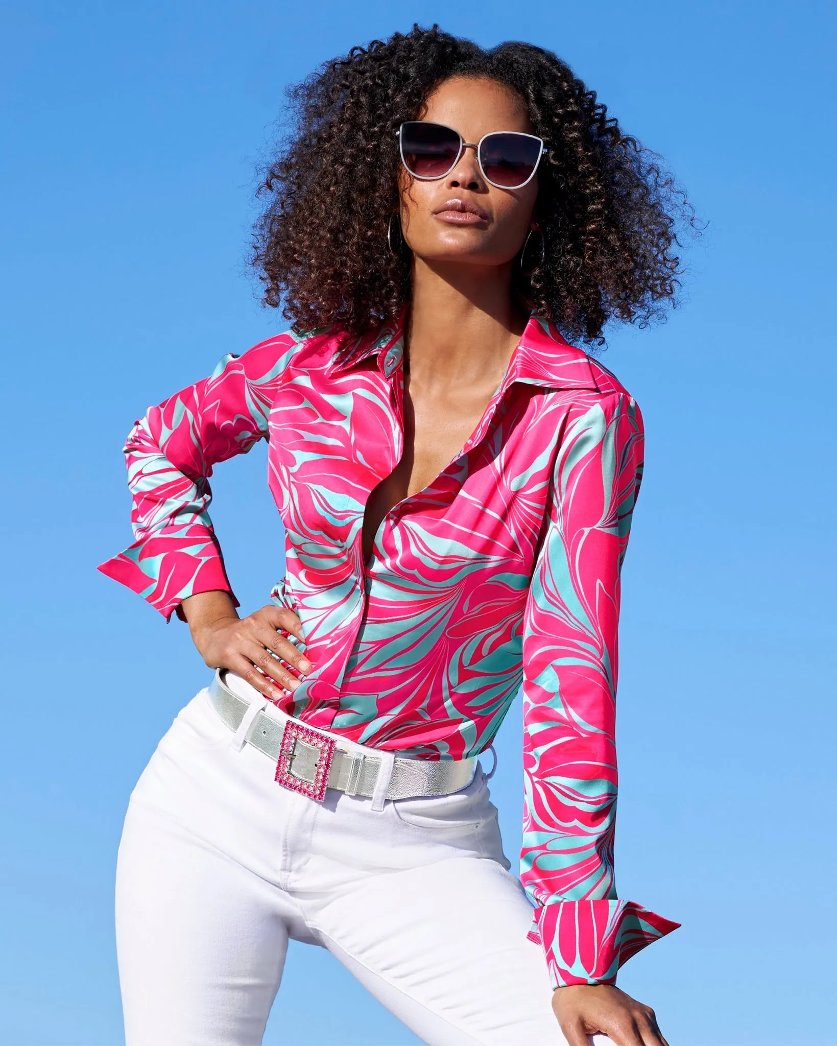 Sirena Abstract Print Sophia Button Up Charmeuse Blouse Blue/Pink sold by Boston Proper