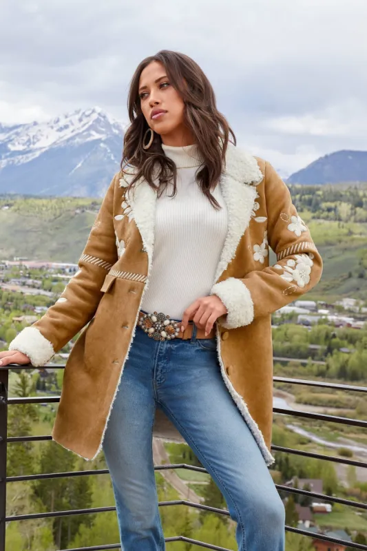 Faux Suede Shearling Embroidered Coat Camel sold by Boston Proper