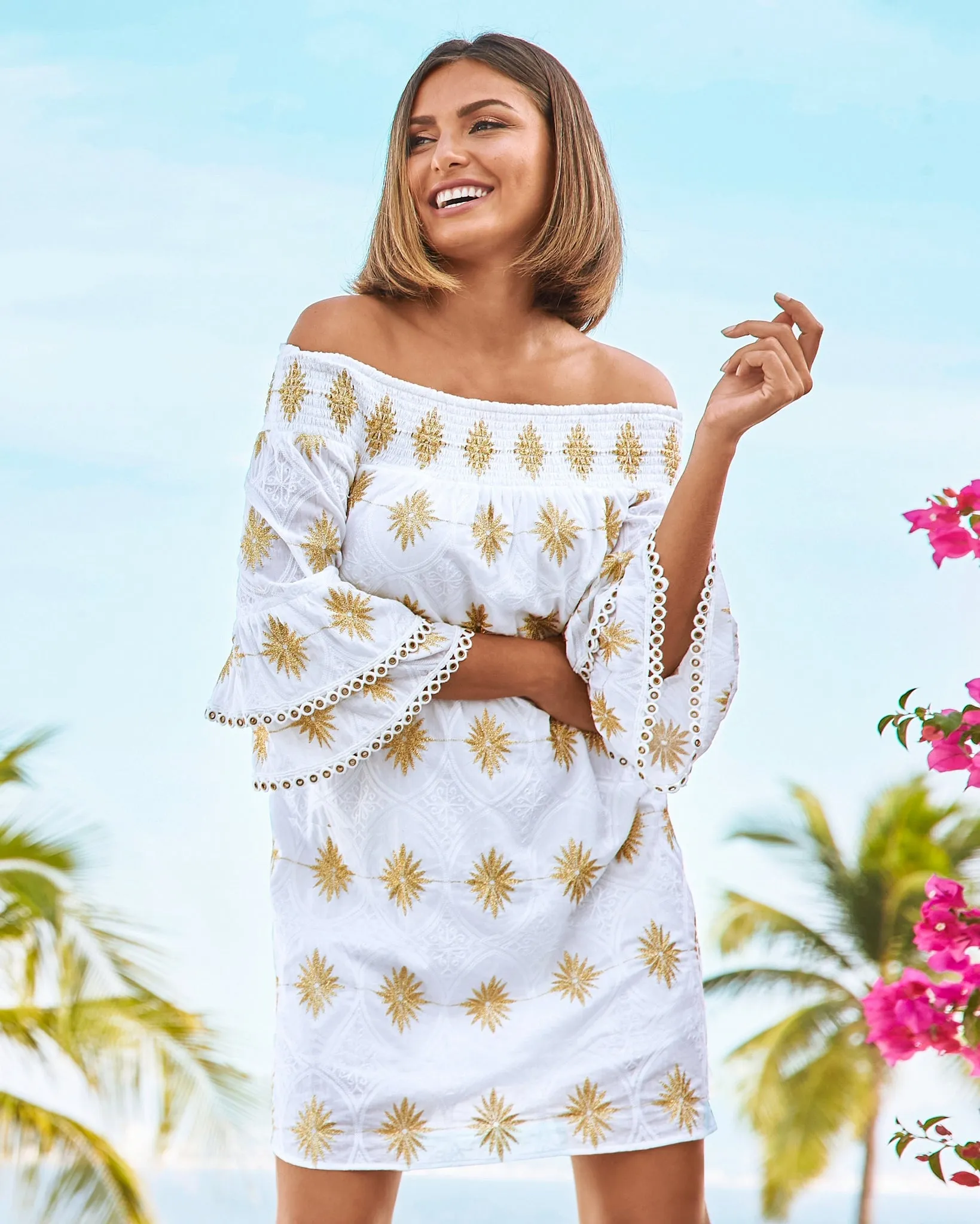 Metallic Detail Off-The-Shoulder Dress White/Gold sold by Boston Proper