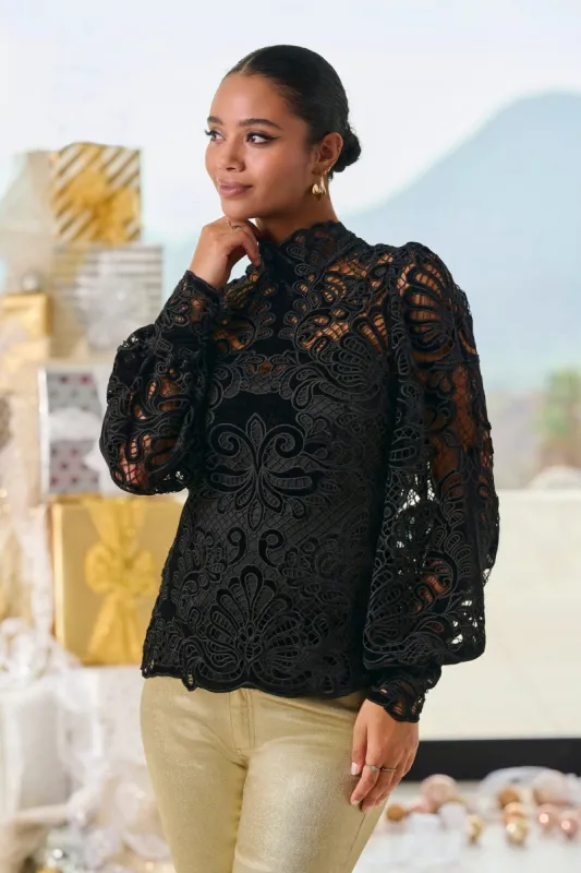 Velvet Lace Mock-Neck Long-Sleeve Blouse Black sold by Boston Proper