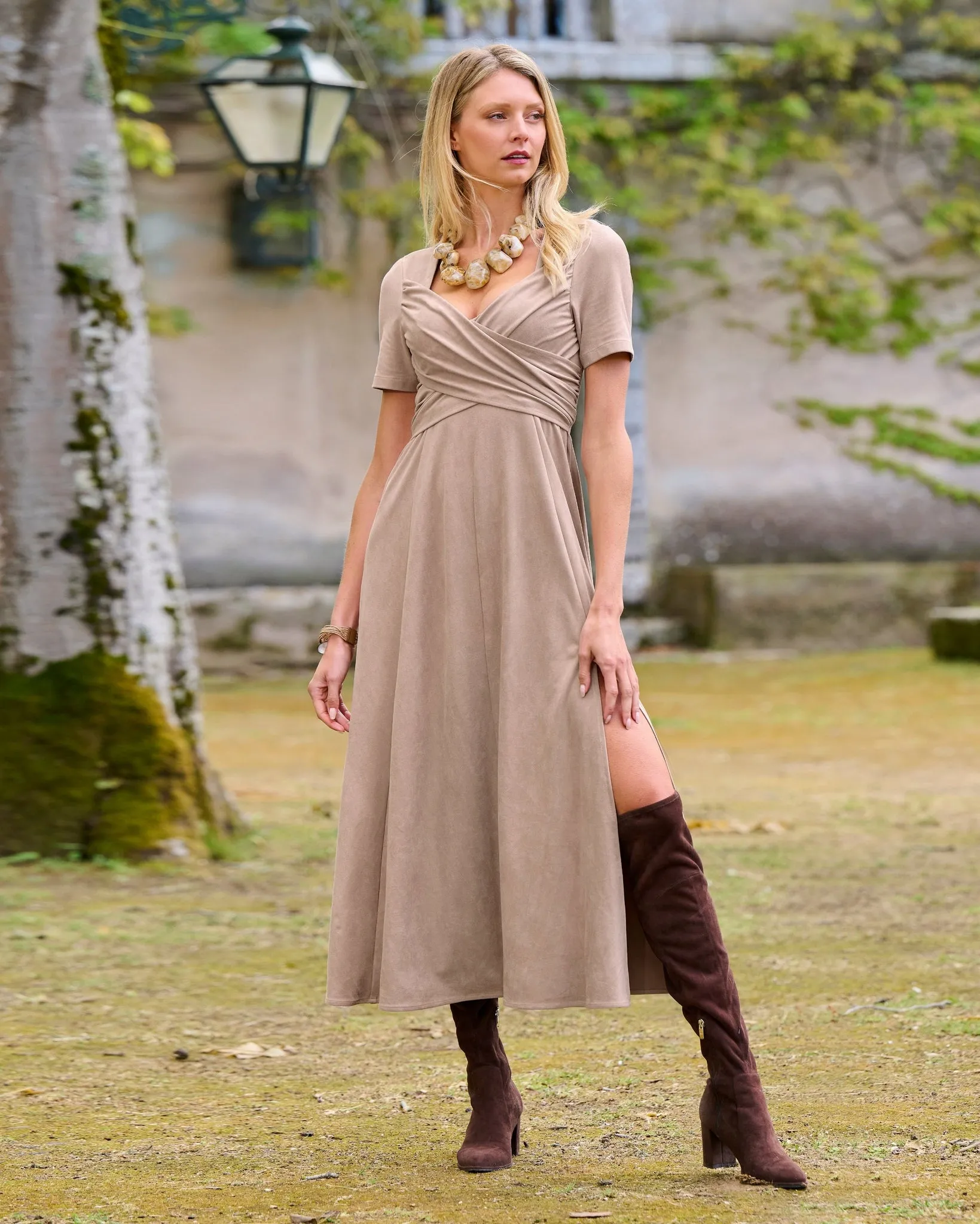Short Sleeve Faux Suede Slit Maxi Dress Tan sold by Boston Proper