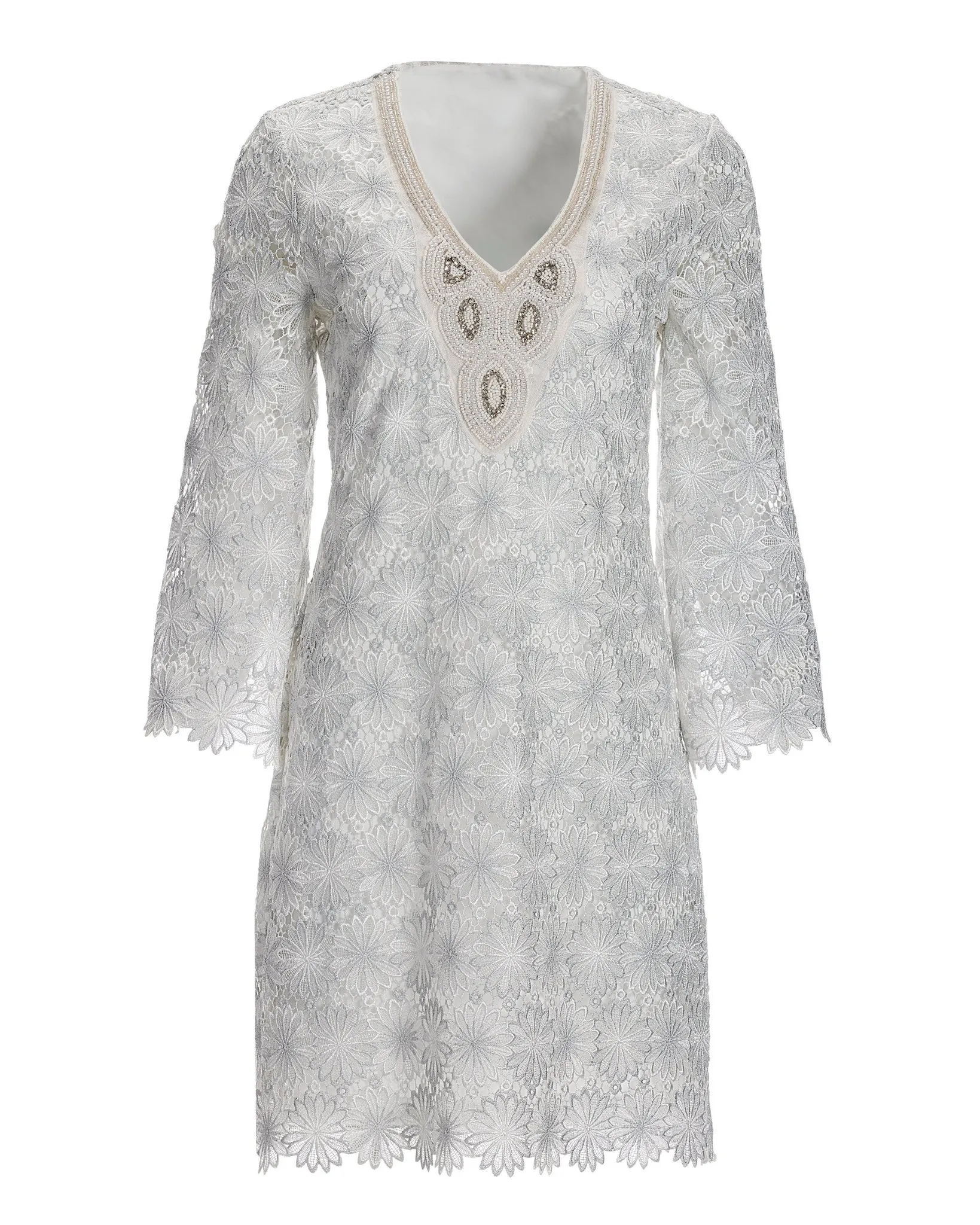 Embellished Metallic Floral Lace Tunic Dress White/Silver sold by Boston Proper product image thumbnail 2