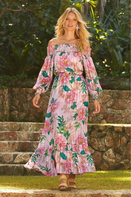 Floral Blooms Off The Shoulder Belted Maxi Dress Pink Multi sold by Boston Proper