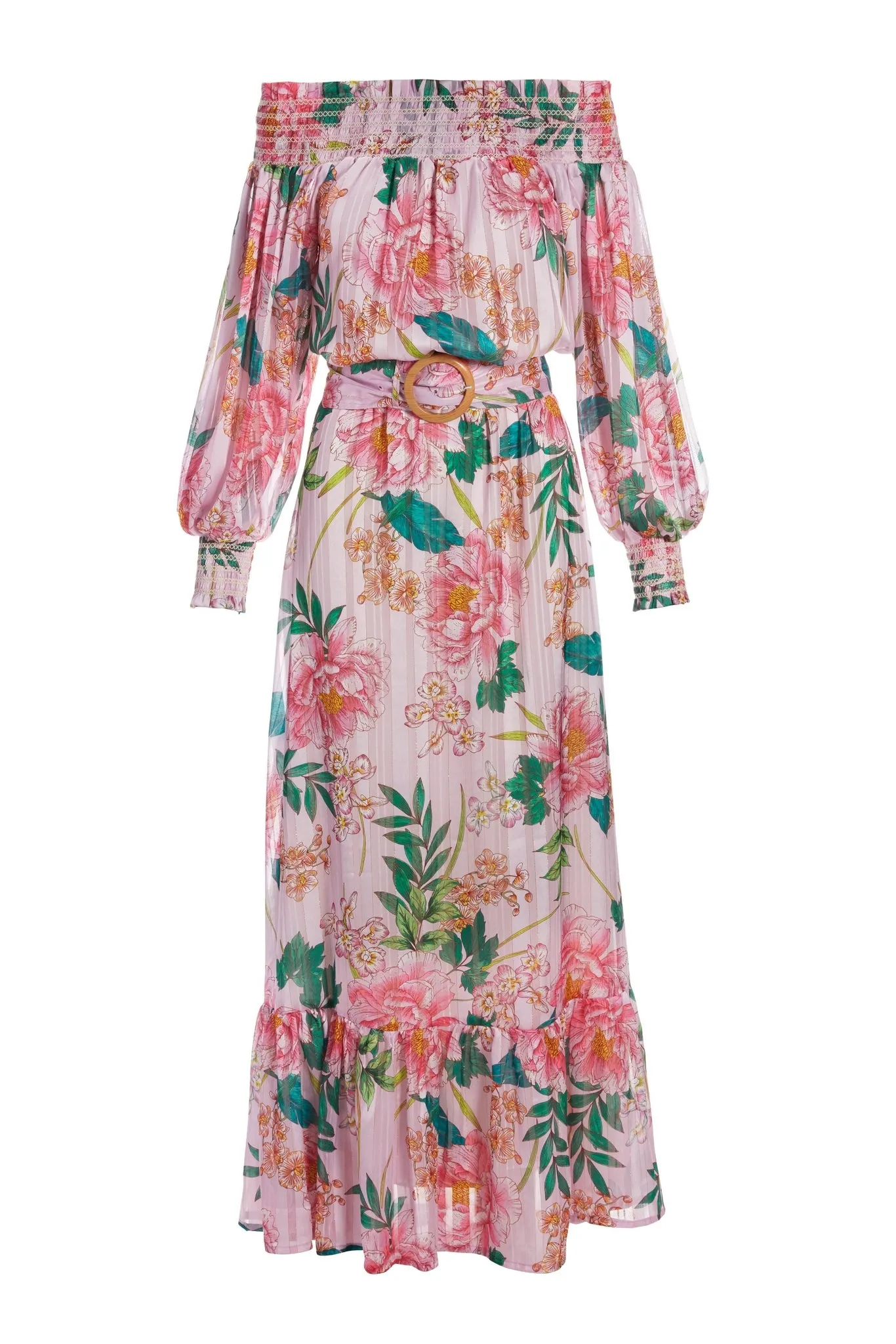 Floral Blooms Off The Shoulder Belted Maxi Dress Pink Multi sold by Boston Proper product image thumbnail 2