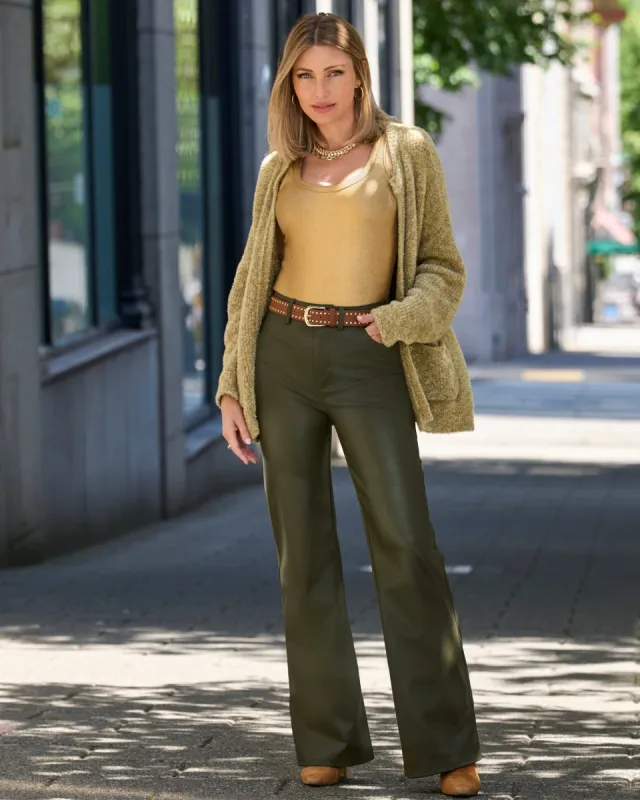 Malibu Wide Leg Five Pocket Faux Leather Pant Olive sold by Boston Proper