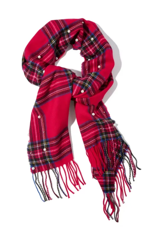 Plaid And Pearl Scarf Red Multi sold by Boston Proper