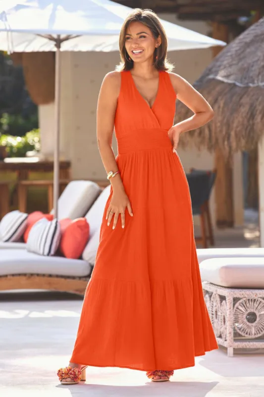 V Neck Smocked Maxi Dress Red sold by Boston Proper