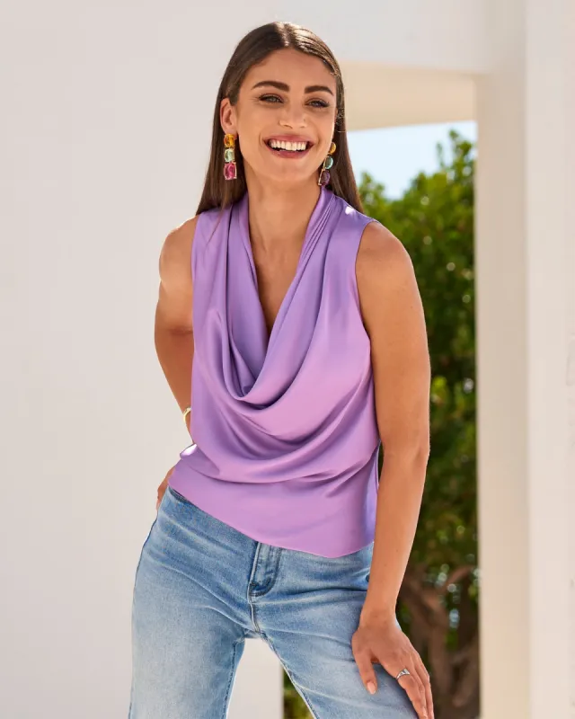 Marilyn Cowl-Neck Charmeuse Blouse Sheer Lilac sold by Boston Proper
