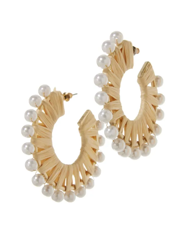 Straw and Pearl Hoop Earrings Natural sold by Boston Proper