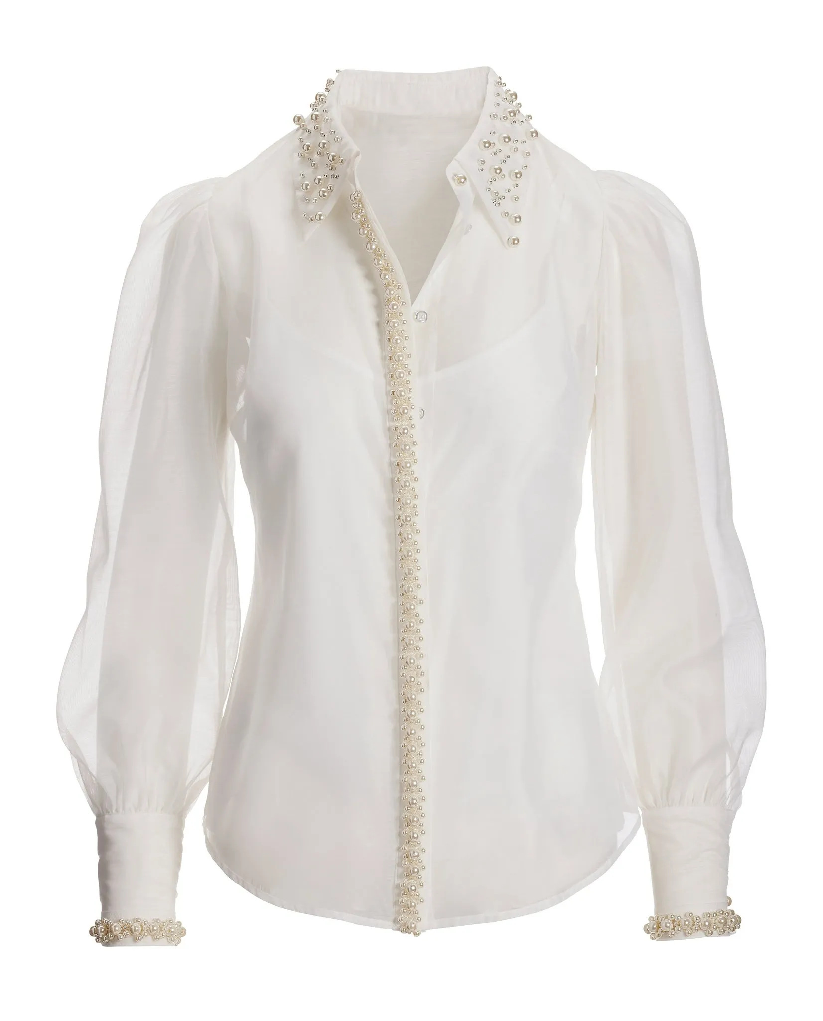 Organza Pearl Embellished Trim Victoria Drama Sleeve Shirt White sold by Boston Proper product image thumbnail 2