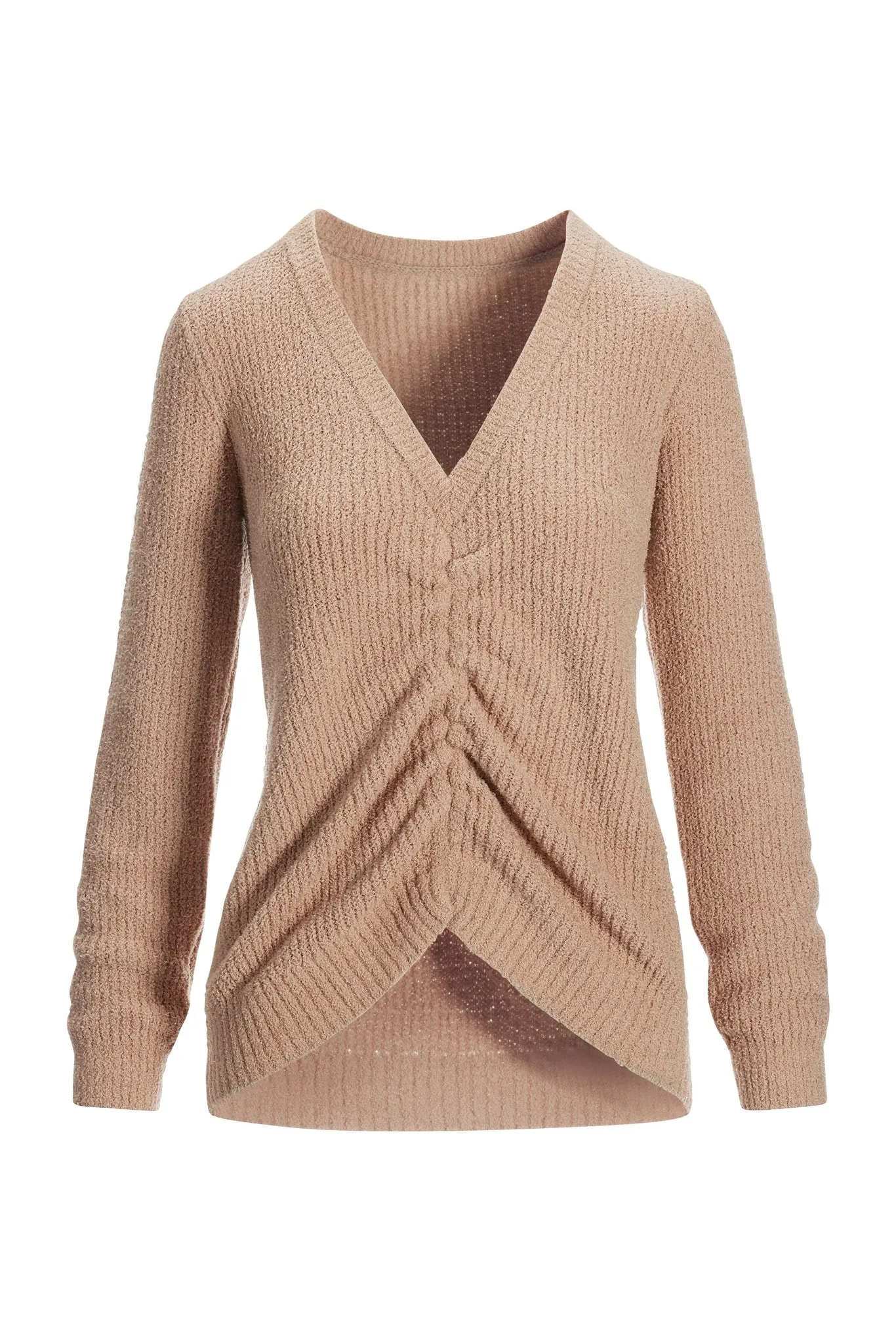 Textured Ruched V-Neck Knit Long-Sleeve Top Taupe sold by Boston Proper product image thumbnail 2