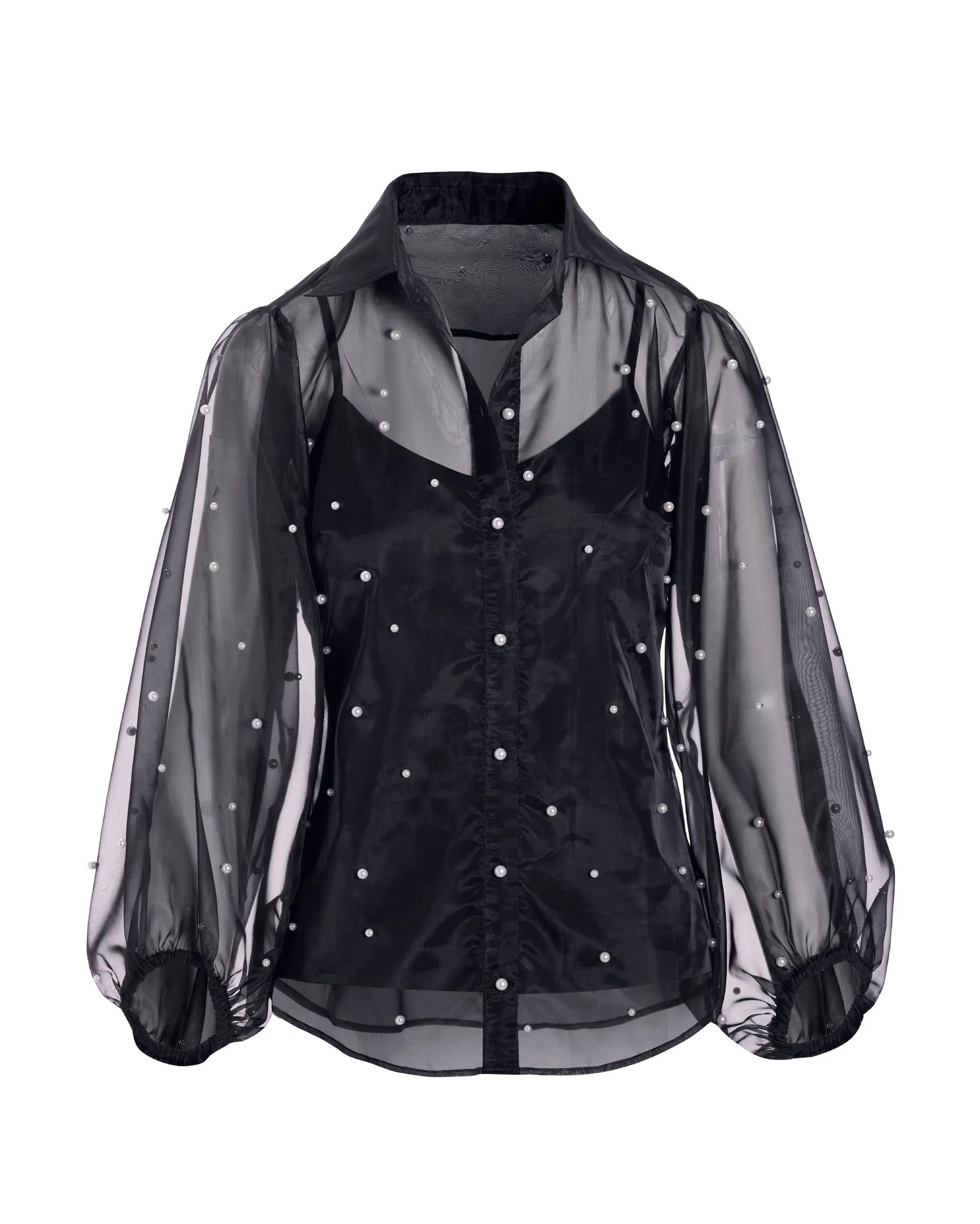 Pearl Embellished Organza Balloon Sleeve Shirt Black sold by Boston Proper product image thumbnail 2