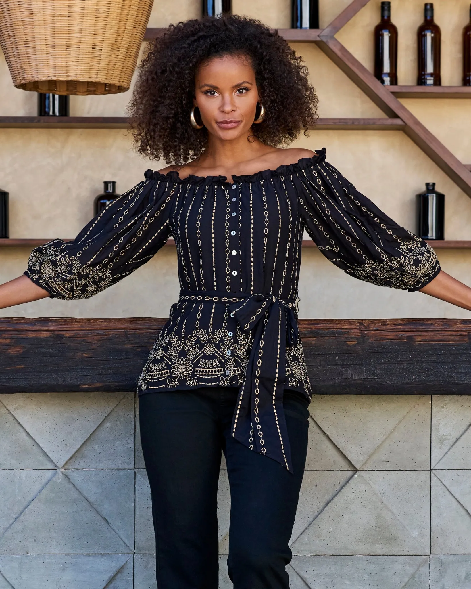 Metallic Eyelet Off The Shoulder Blouse Black/Gold sold by Boston Proper