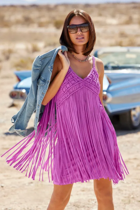 Boho Fringe Short Dress Iris Orchid sold by Boston Proper