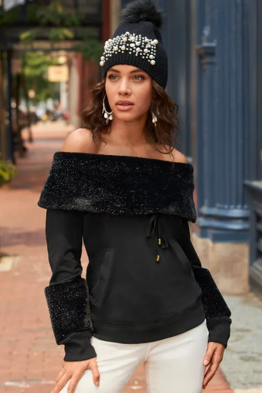 Faux Fur Neckline Sweatshirt Black sold by Boston Proper