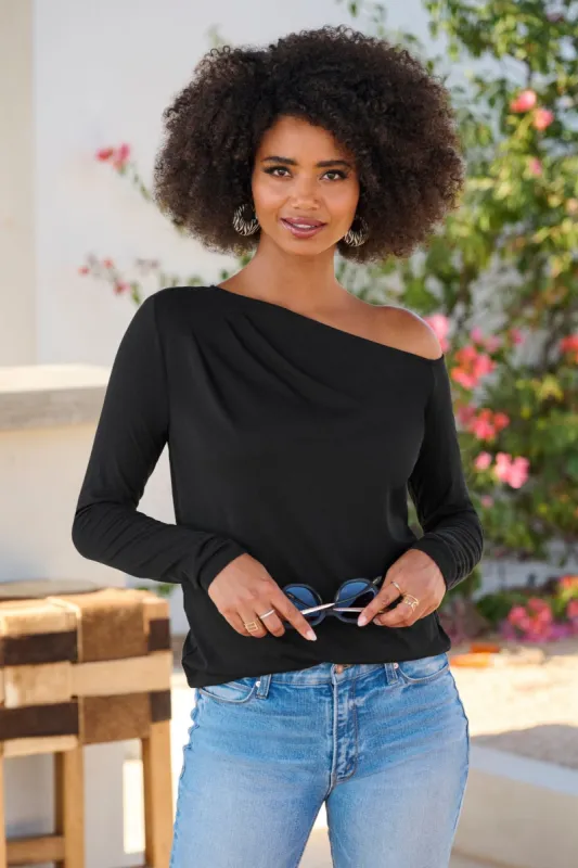 Slouchy Long-Sleeve Knit Tee Black sold by Boston Proper