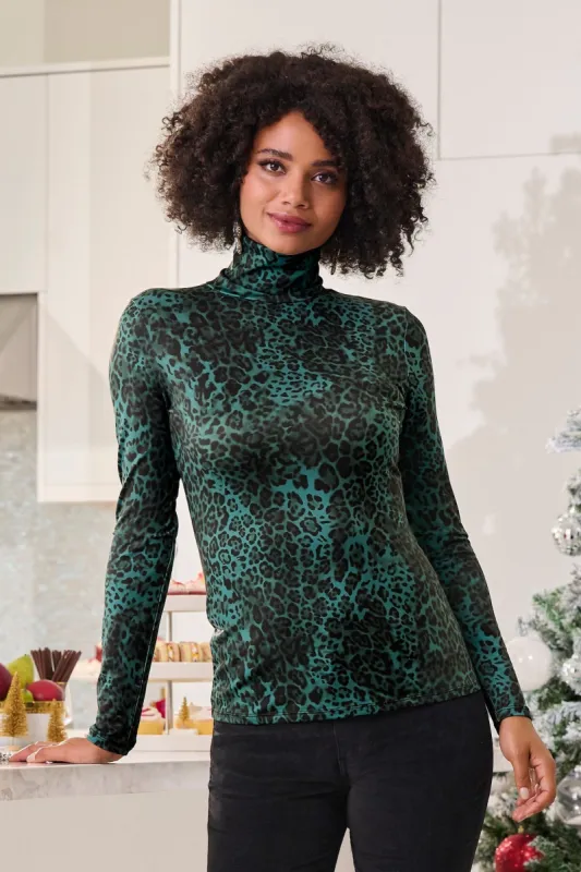 Leopard Turtleneck Knit Long-Sleeve Top Green sold by Boston Proper