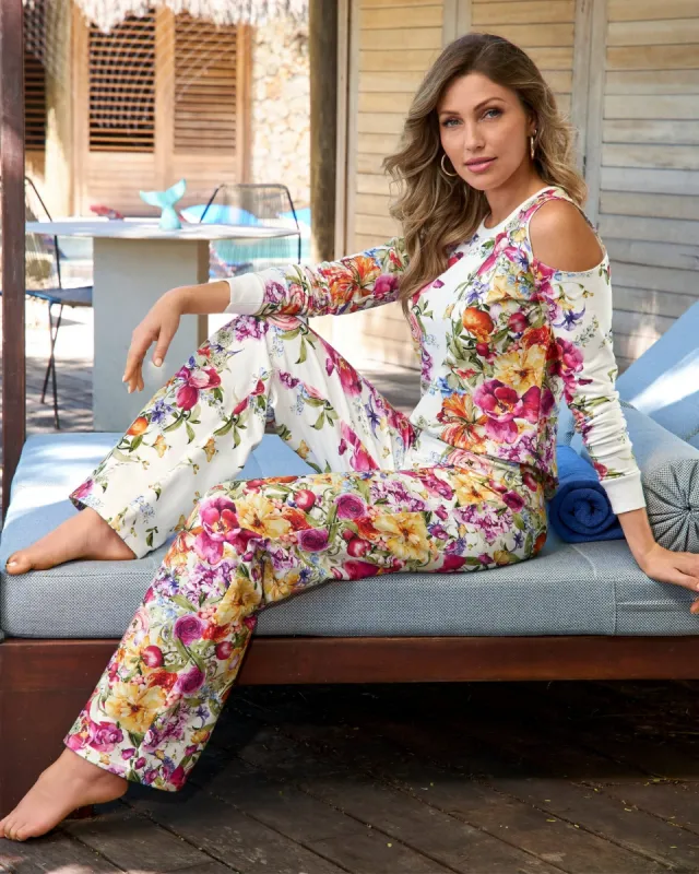 Vintage Garden Cold Shoulder Lounge Set Off white Multi made by Boston Proper