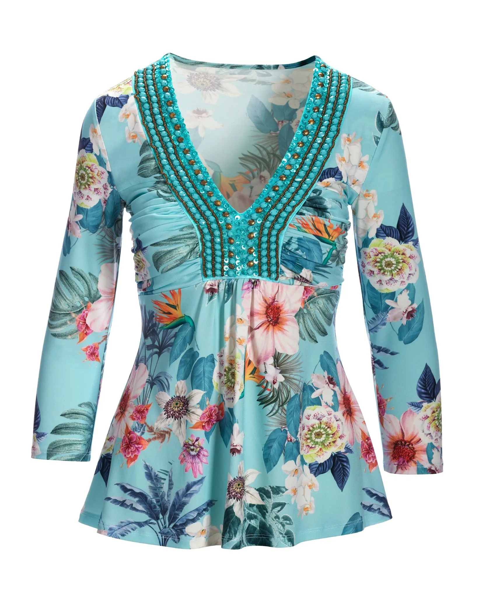 Barcelona Florals Embellished Knit Top Aqua sold by Boston Proper product image thumbnail 2