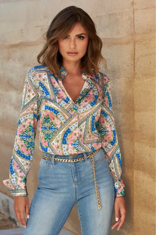 Baroque Scroll Print Sophia Button Up Charmeuse Blouse Pink Icing Multi sold by Boston Proper