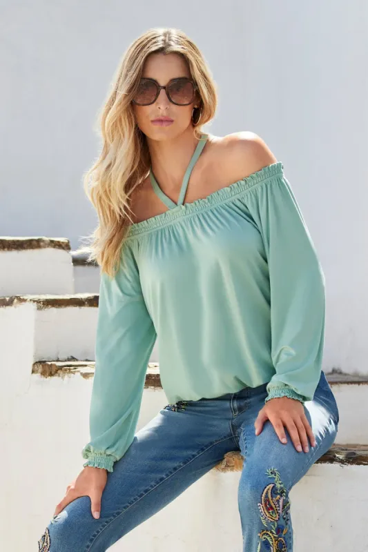 Halter Strap Off The Shoulder Effortless Knit Top Sage sold by Boston Proper