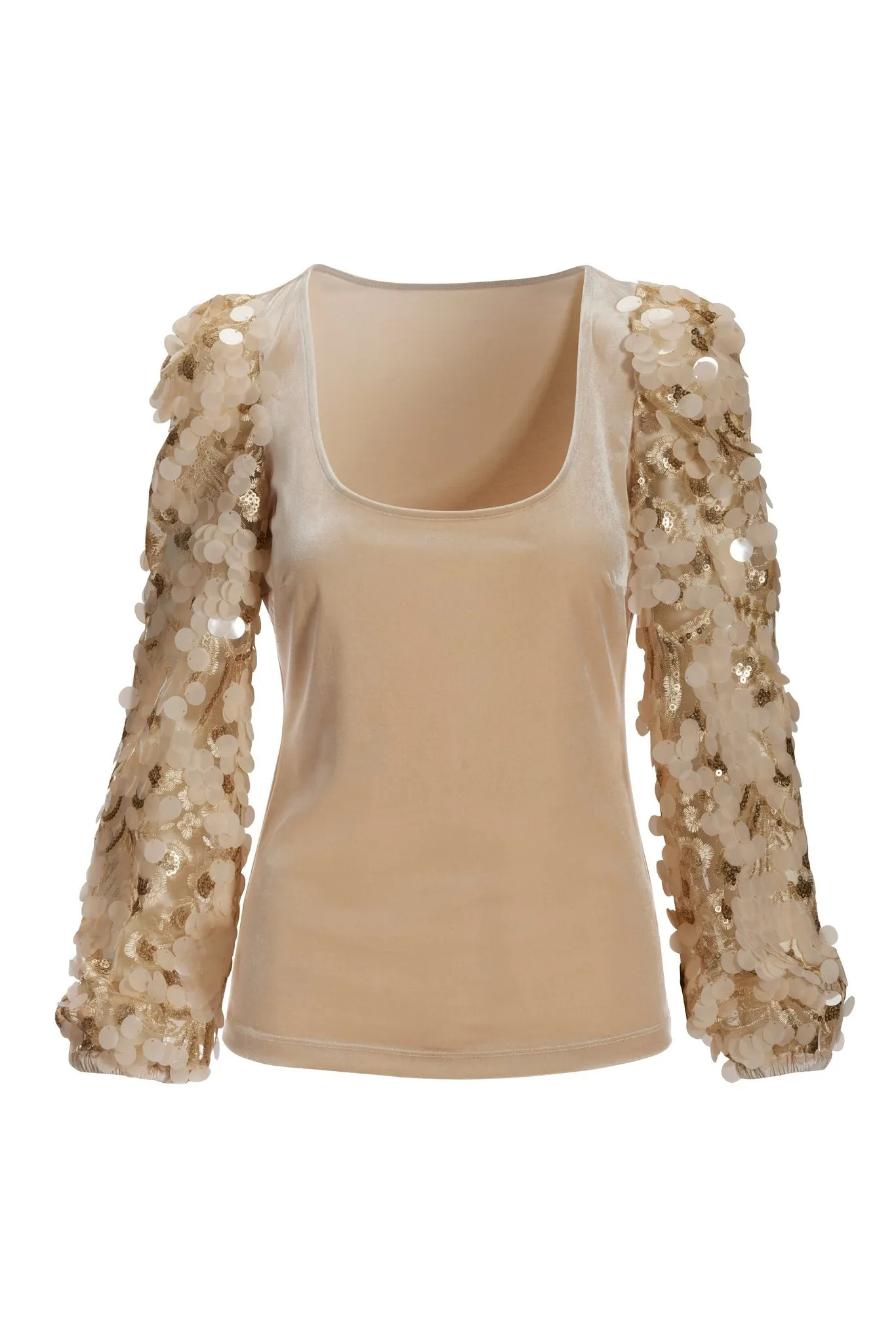 Embroidered Paillette Sequin-Sleeve Velvet Knit Top Champagne sold by Boston Proper product image thumbnail 2