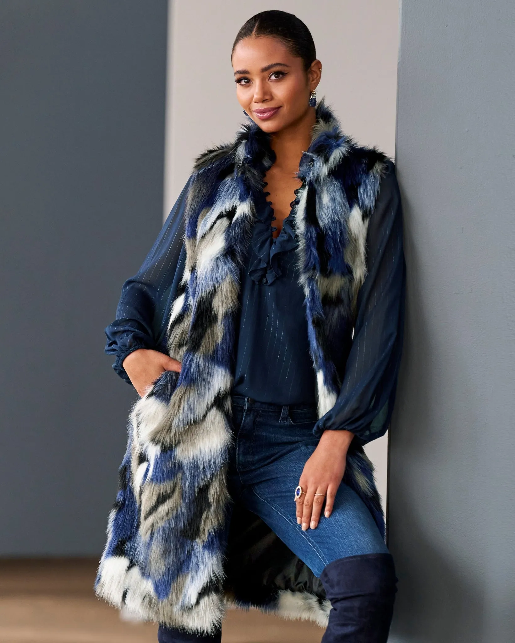 Multi Color Faux Fur Vest Blue Multi sold by Boston Proper