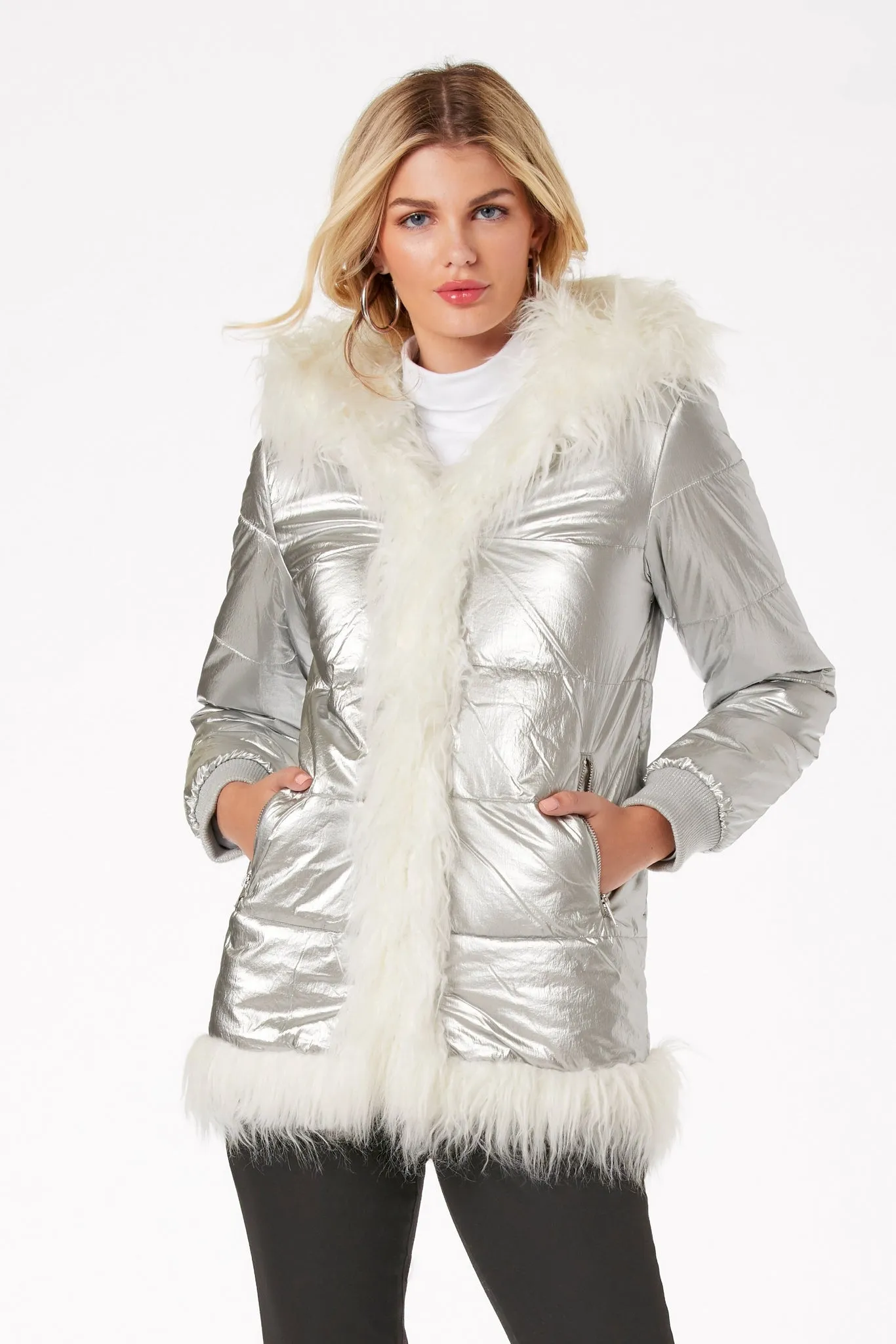 Hooded Metallic Faux Fur Puffer Coat Silver sold by Boston Proper