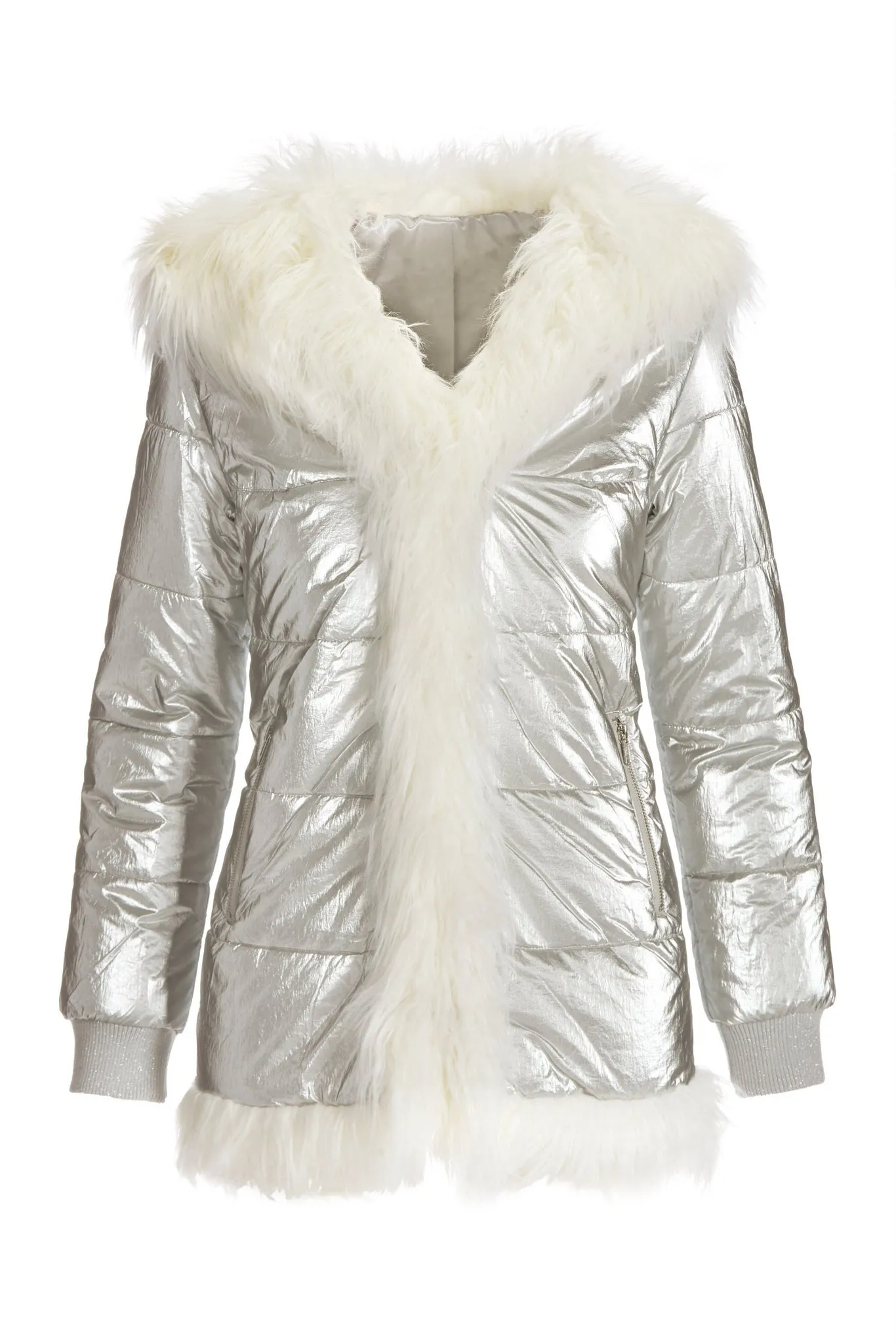 Hooded Metallic Faux Fur Puffer Coat Silver sold by Boston Proper product image thumbnail 2