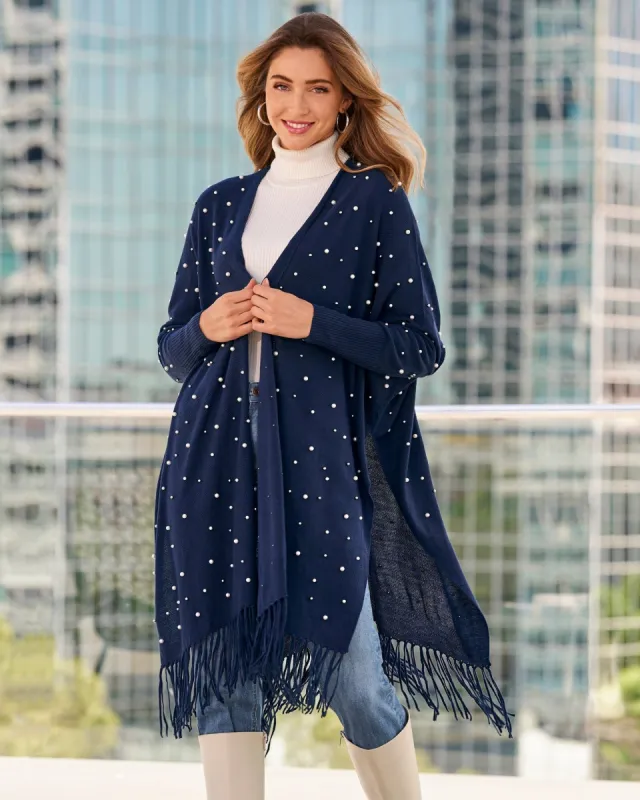 Pearl Embellished Poncho Navy sold by Boston Proper