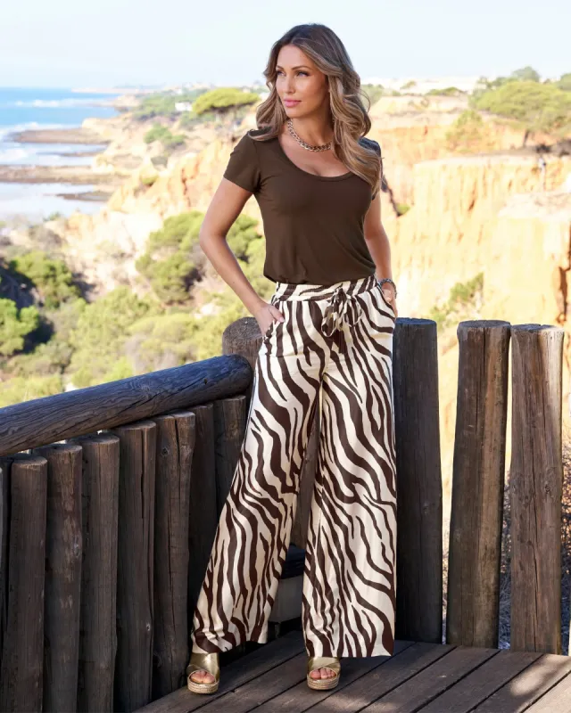 Malibu Chocolate Zebra Drawstring Wide Leg Pant Brown/Off White sold by Boston Proper