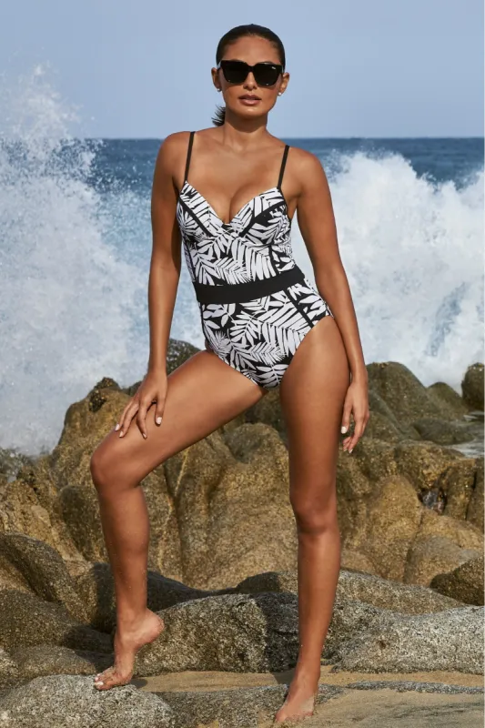 Over The Shoulder Palm Printed One Piece Swimsuit Black/White Multi sold by Boston Proper