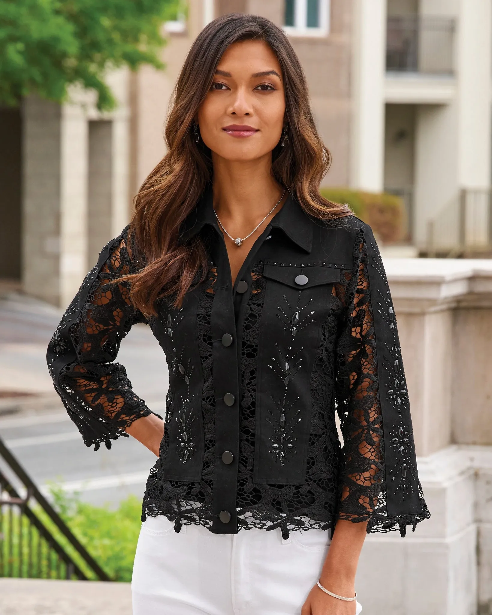 Embellished Lace Three-Quarter Sleeve Denim Jacket Black sold by Boston Proper