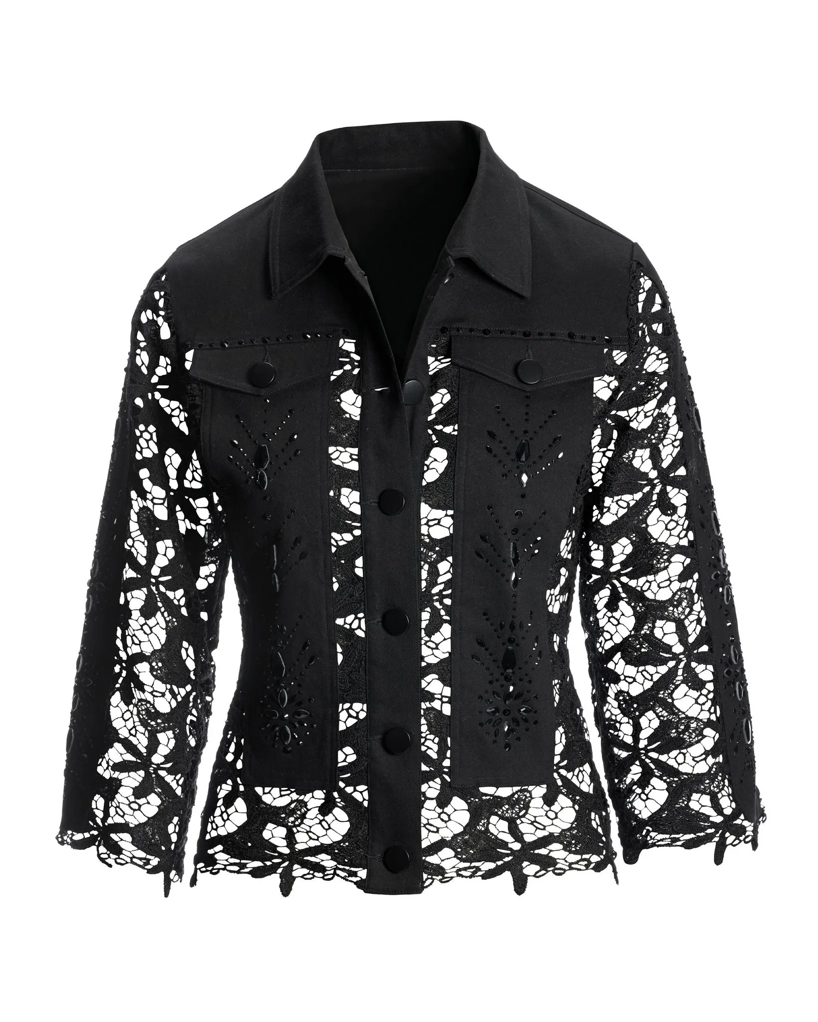 Embellished Lace Three-Quarter Sleeve Denim Jacket Black sold by Boston Proper product image thumbnail 2