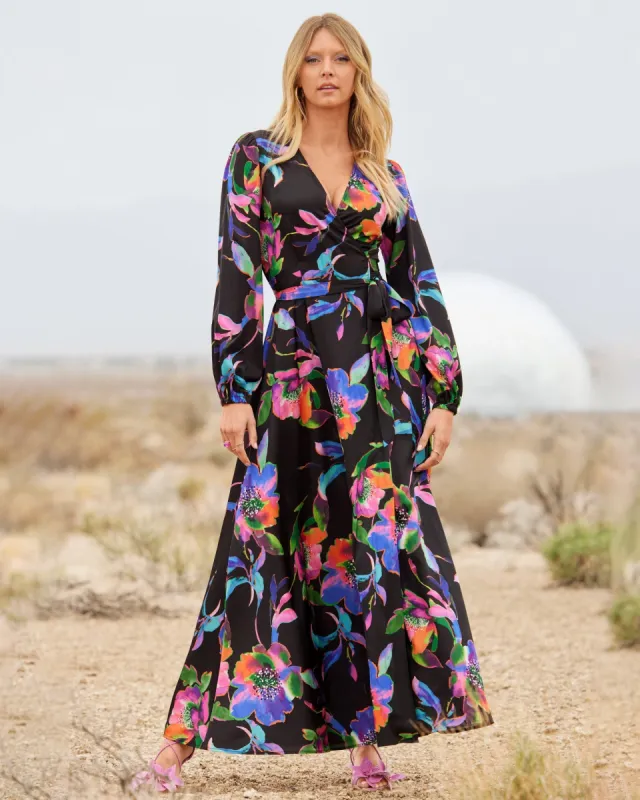 Exploded Garden Print Charmeuse Wrap Maxi Dress Black multi made by Boston Proper