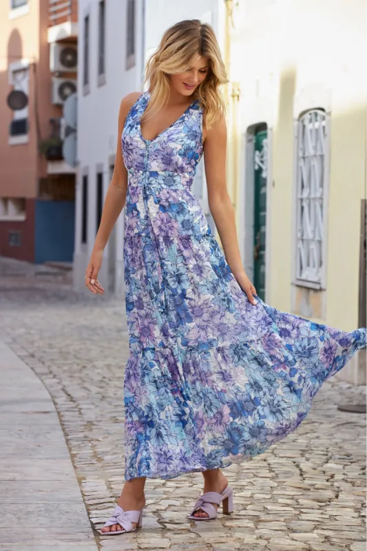 Floral Covered Button Sleeveless Maxi Dress Purple/blue sold by Boston Proper