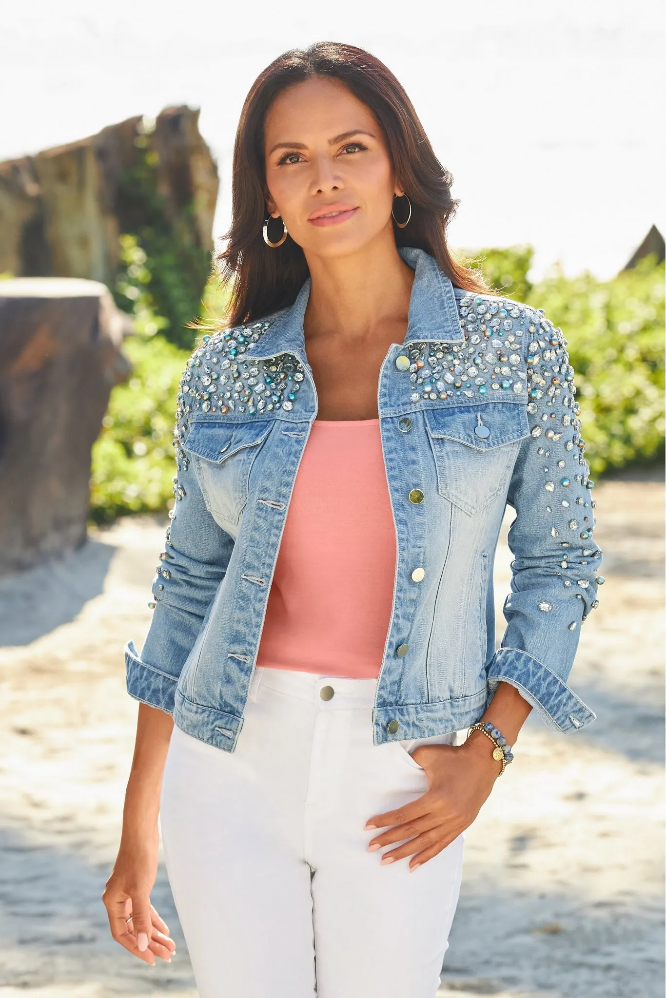 Pearl And Jewel Embellished Denim Jacket Light Wash sold by Boston Proper