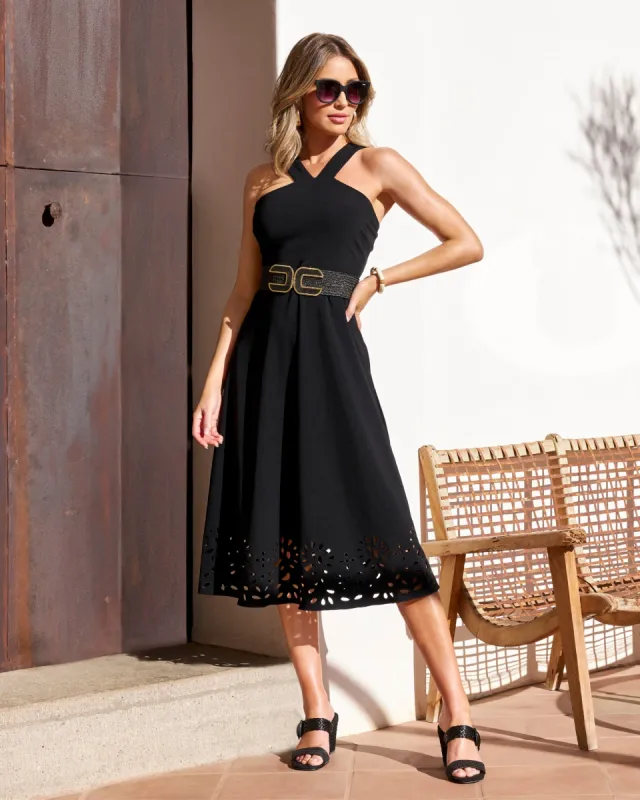 Beyond Travel High Neck Laser Cut Midi Dress Jet Black made by Boston Proper