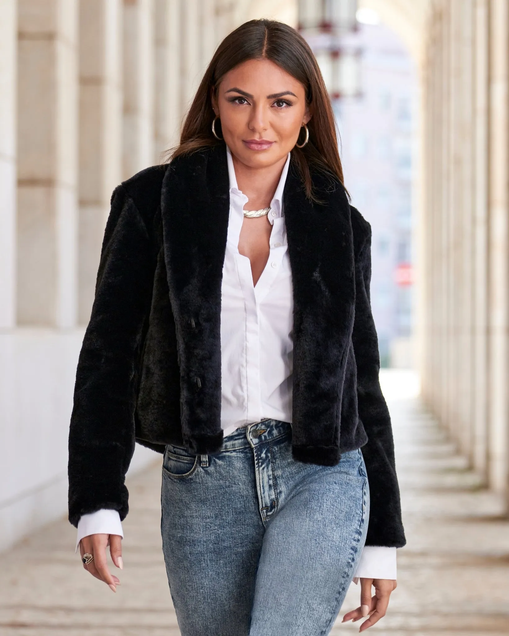 Shawl Collar Versatile Faux Fur Chubby Black sold by Boston Proper