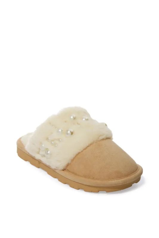 Faux-Fur And Pearl Cozy Slipper Off White sold by Boston Proper