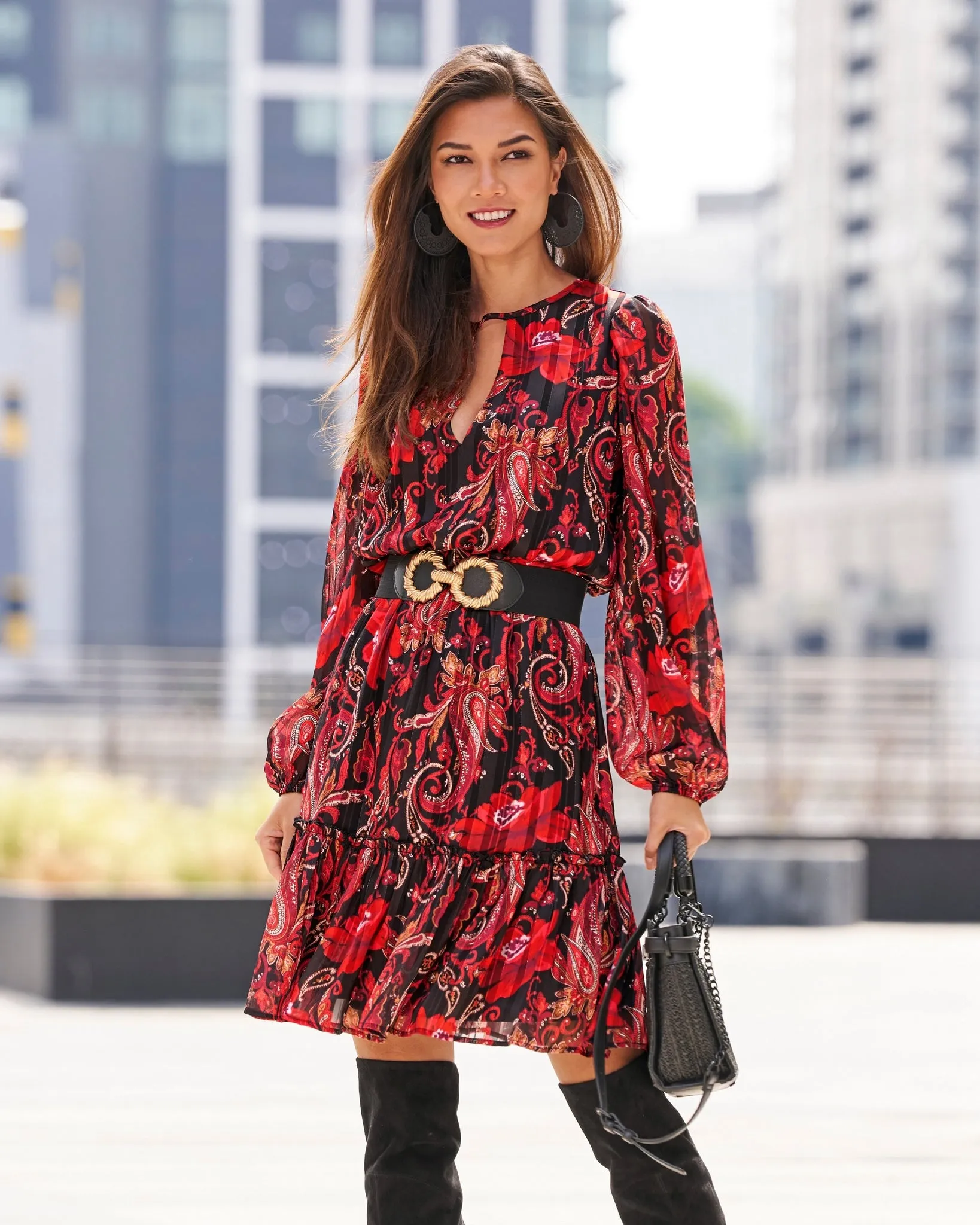 Paisley Garden Mix Print Keyhole Fit and Flare Dress Red