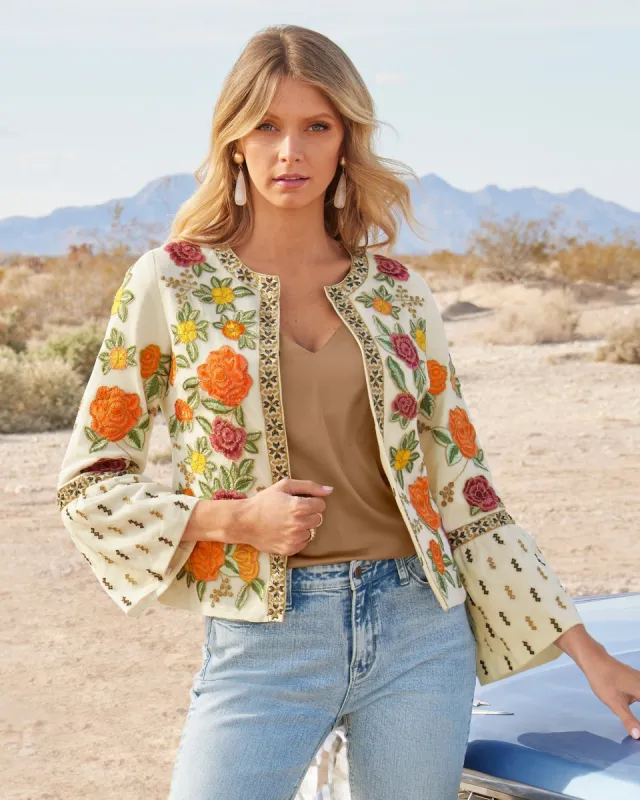 Floral Embroidered Metallic Trim Jacket Multi sold by Boston Proper